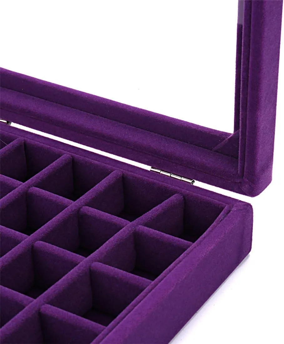 24 Grids Velvet Glass Ring Earrings Jewelry Box Earrings Organiser Storage Holder Display Case