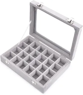 24 Grids Velvet Glass Ring Earrings Jewelry Box Earrings Organiser Storage Holder Display Case