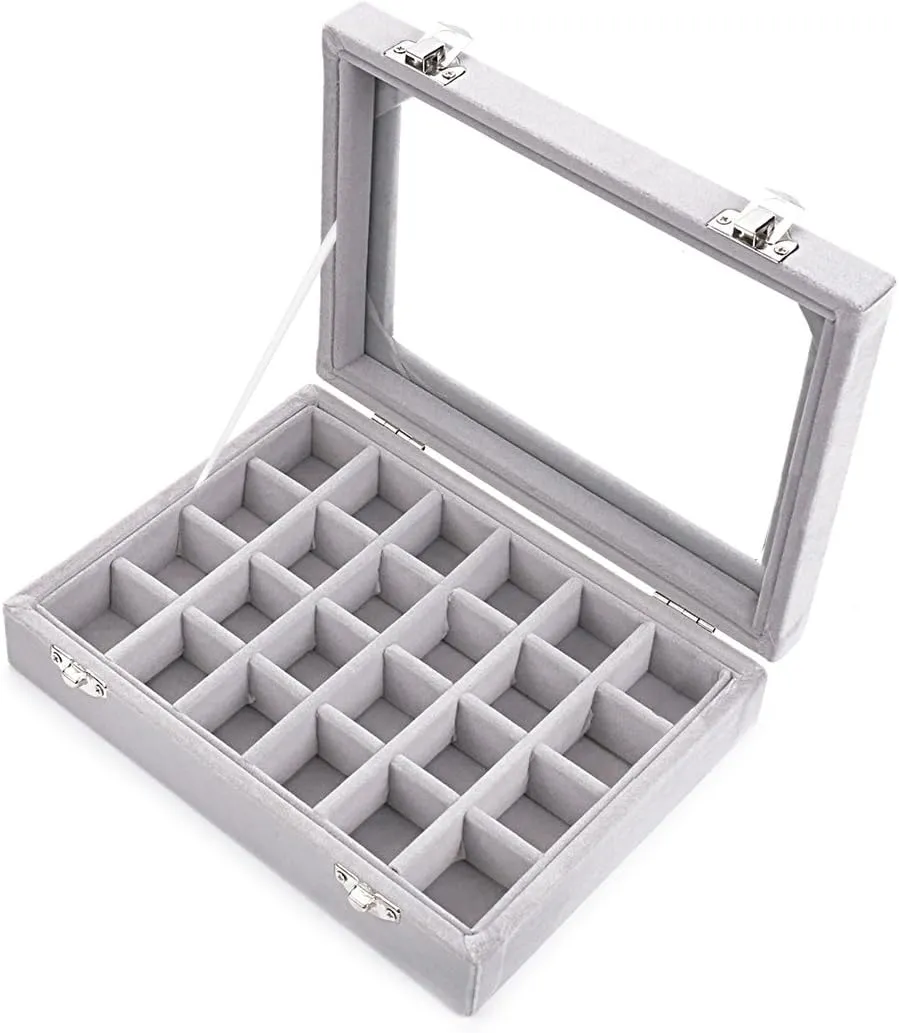 24 Grids Velvet Glass Ring Earrings Jewelry Box Earrings Organiser Storage Holder Display Case