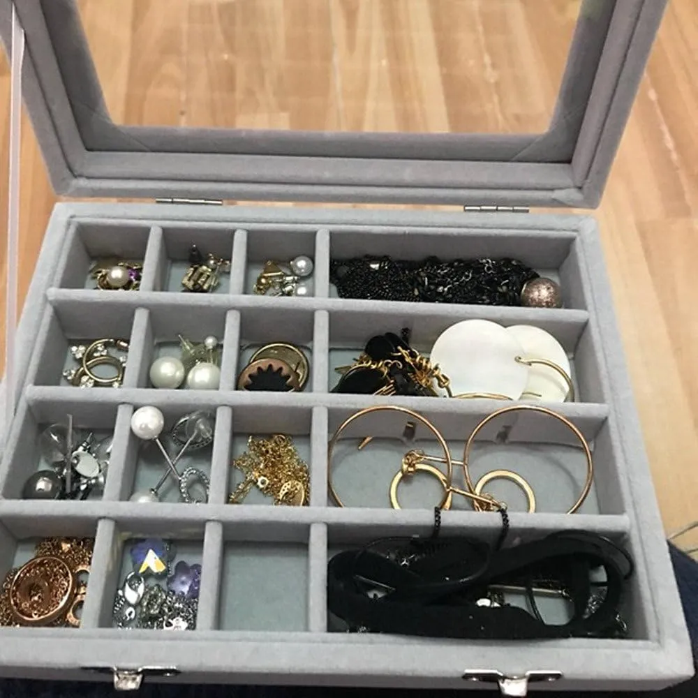 24 Grids Velvet Glass Ring Earrings Jewelry Box Earrings Organiser Storage Holder Display Case