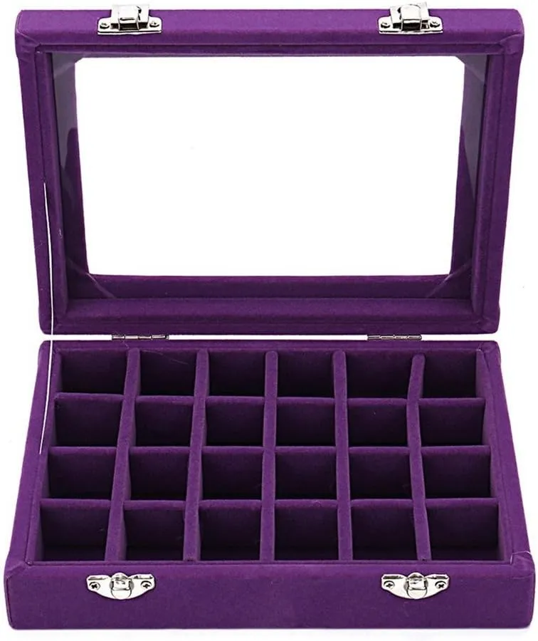 24 Grids Velvet Glass Ring Earrings Jewelry Box Earrings Organiser Storage Holder Display Case