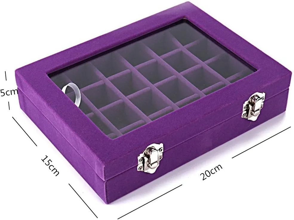 24 Grids Velvet Glass Ring Earrings Jewelry Box Earrings Organiser Storage Holder Display Case