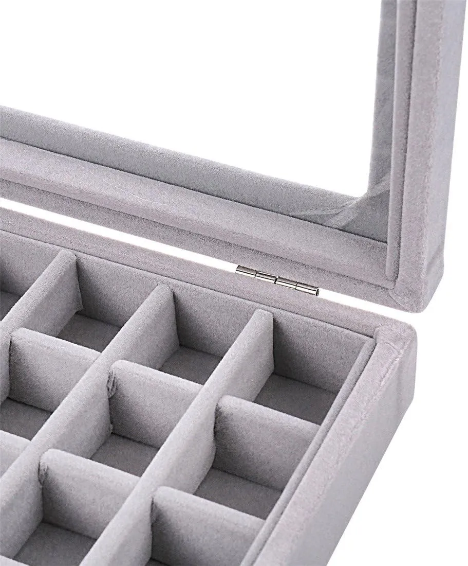 24 Grids Velvet Glass Ring Earrings Jewelry Box Earrings Organiser Storage Holder Display Case