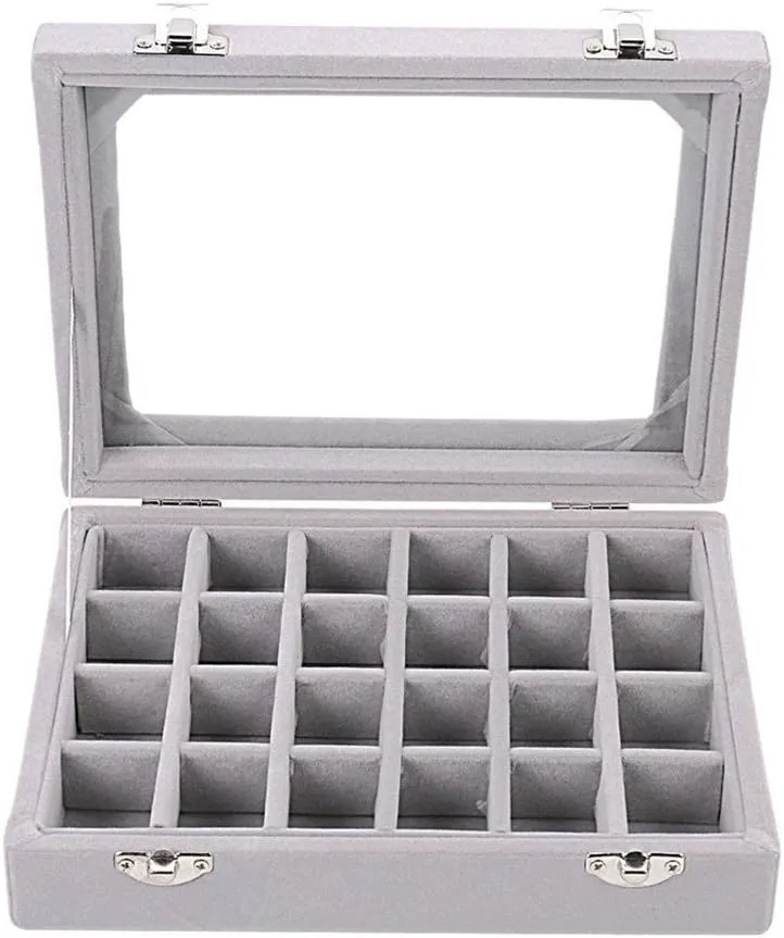 24 Grids Velvet Glass Ring Earrings Jewelry Box Earrings Organiser Storage Holder Display Case