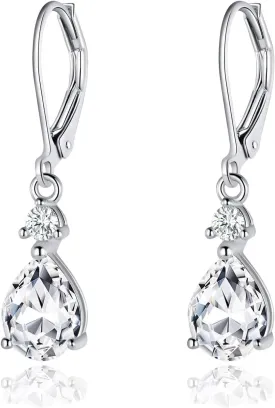 925 Sterling Silver Blue Topaz/Amethyst/Rainbow Quartz CZ Teardrop Leverback Earrings Drop Dangly Gemstone Earings Hypoallergenic Birthday Jewelry Gifts for Women