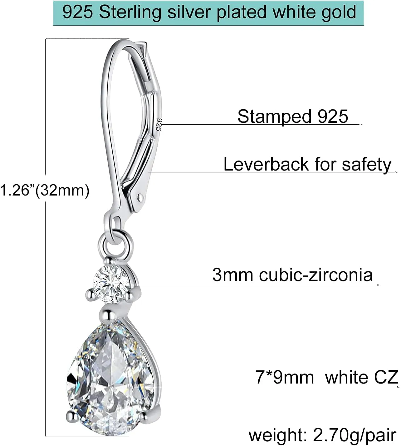 925 Sterling Silver Blue Topaz/Amethyst/Rainbow Quartz CZ Teardrop Leverback Earrings Drop Dangly Gemstone Earings Hypoallergenic Birthday Jewelry Gifts for Women