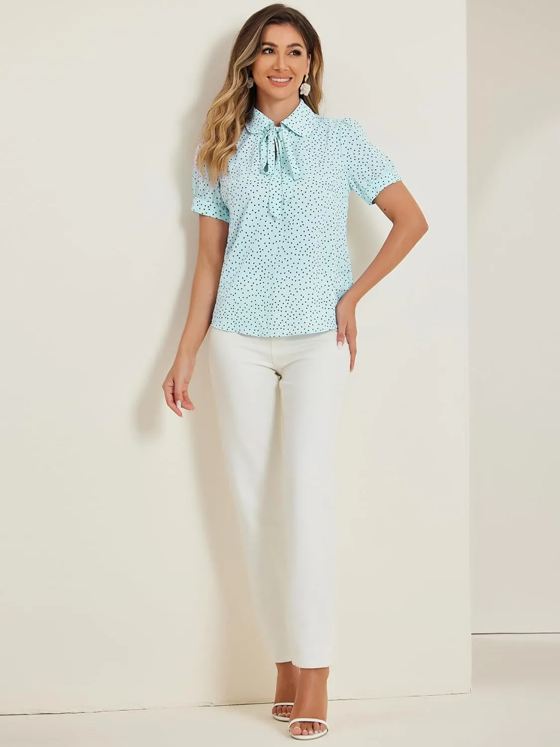 Allegra K Women's Retro Blouses Printed Bow Tie Peter Pan Collar Chiffon Blouse