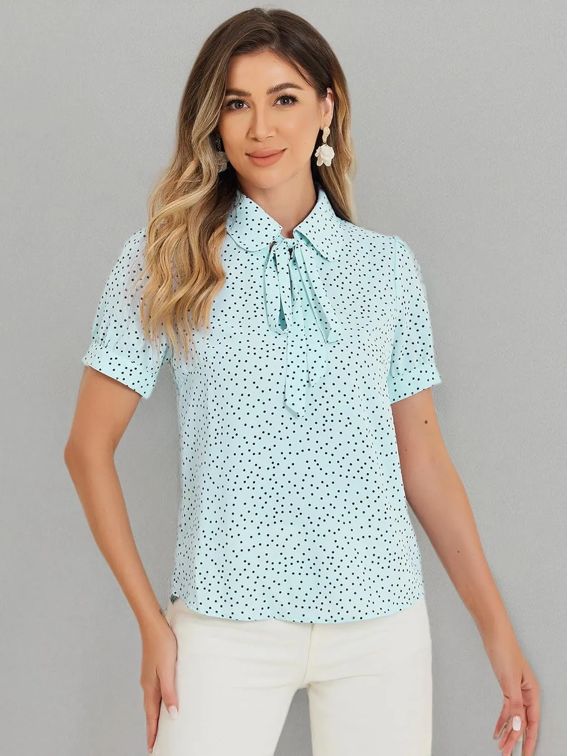 Allegra K Women's Retro Blouses Printed Bow Tie Peter Pan Collar Chiffon Blouse