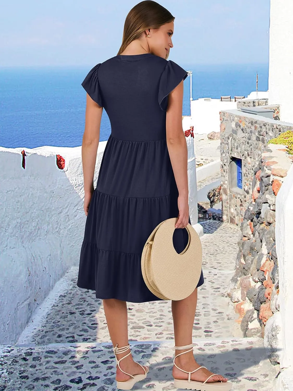 ANRABESS Womens Summer Dress Ruffle Sleeve V Neck Midi Dresses Fashion Casual Fit Flowy Tiered Boho Beach Vacation Sundress