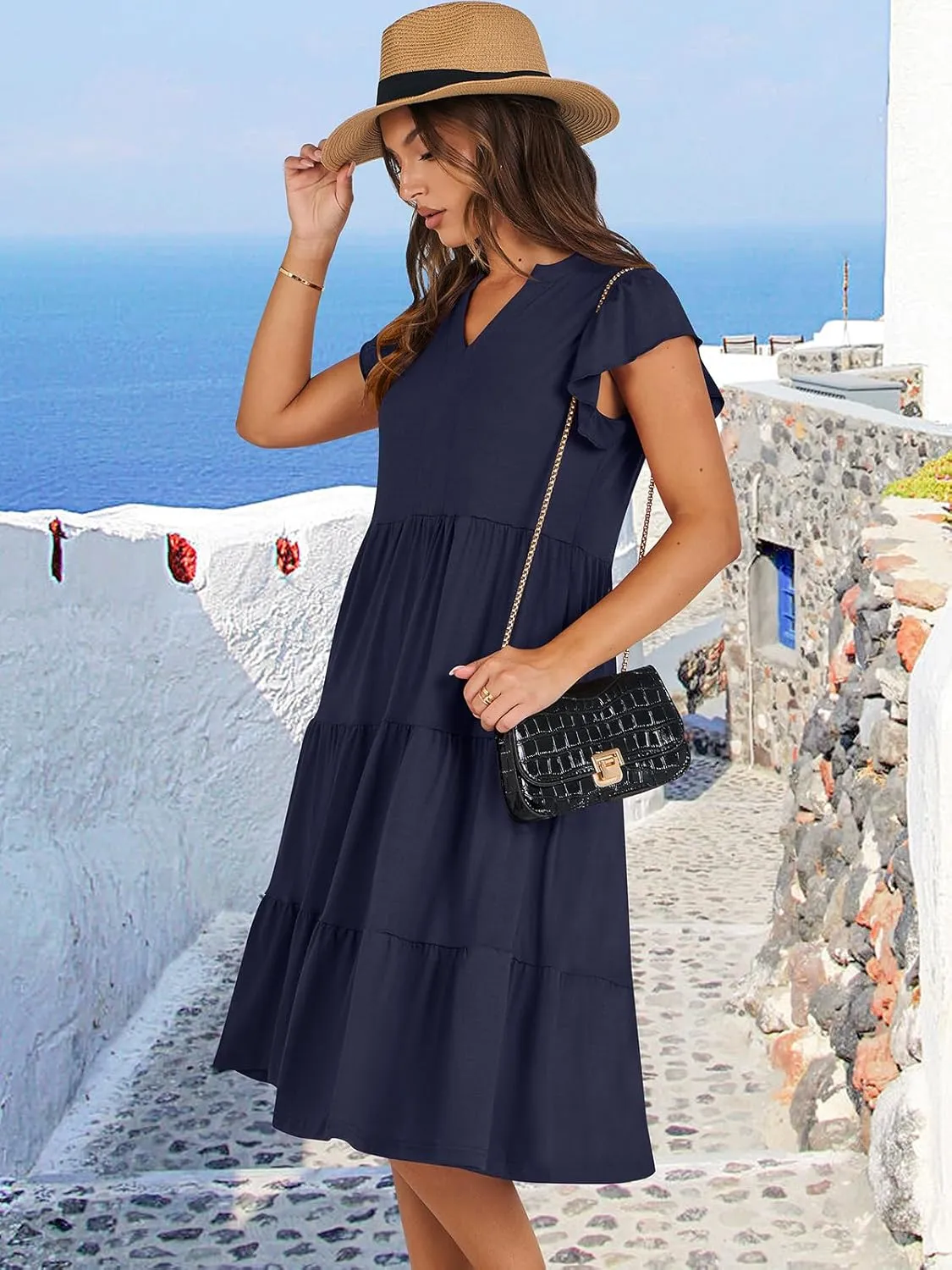 ANRABESS Womens Summer Dress Ruffle Sleeve V Neck Midi Dresses Fashion Casual Fit Flowy Tiered Boho Beach Vacation Sundress