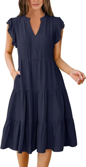 ANRABESS Womens Summer Dress Ruffle Sleeve V Neck Midi Dresses Fashion Casual Fit Flowy Tiered Boho Beach Vacation Sundress