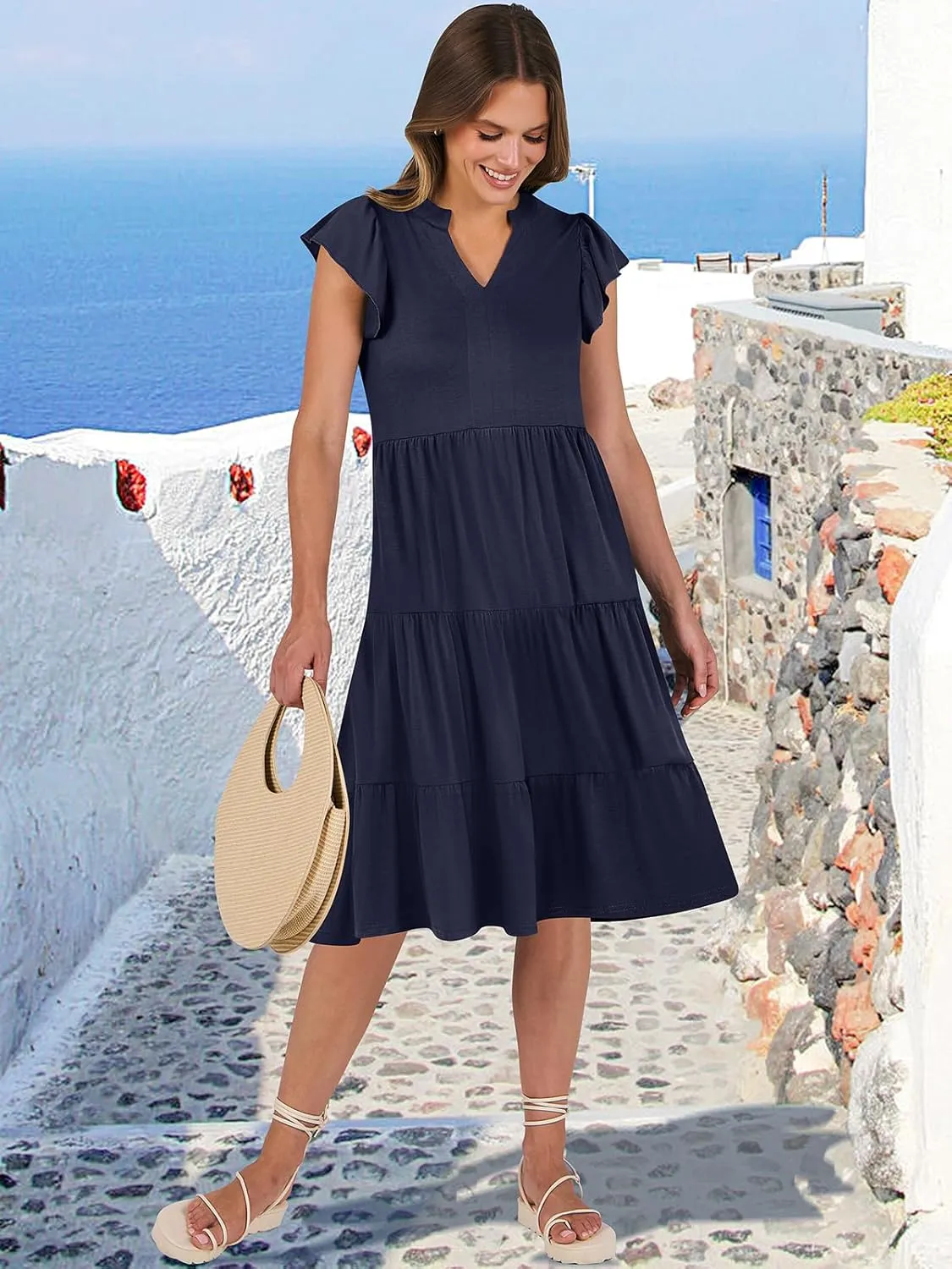 ANRABESS Womens Summer Dress Ruffle Sleeve V Neck Midi Dresses Fashion Casual Fit Flowy Tiered Boho Beach Vacation Sundress