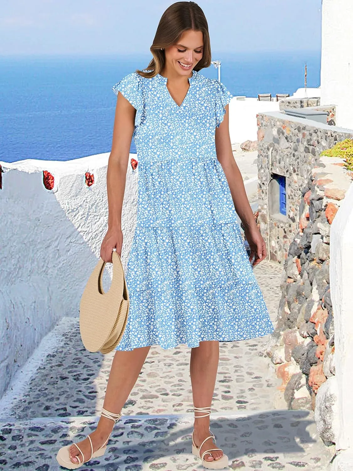 ANRABESS Womens Summer Dress Ruffle Sleeve V Neck Midi Dresses Fashion Casual Fit Flowy Tiered Boho Beach Vacation Sundress