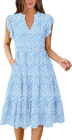 ANRABESS Womens Summer Dress Ruffle Sleeve V Neck Midi Dresses Fashion Casual Fit Flowy Tiered Boho Beach Vacation Sundress