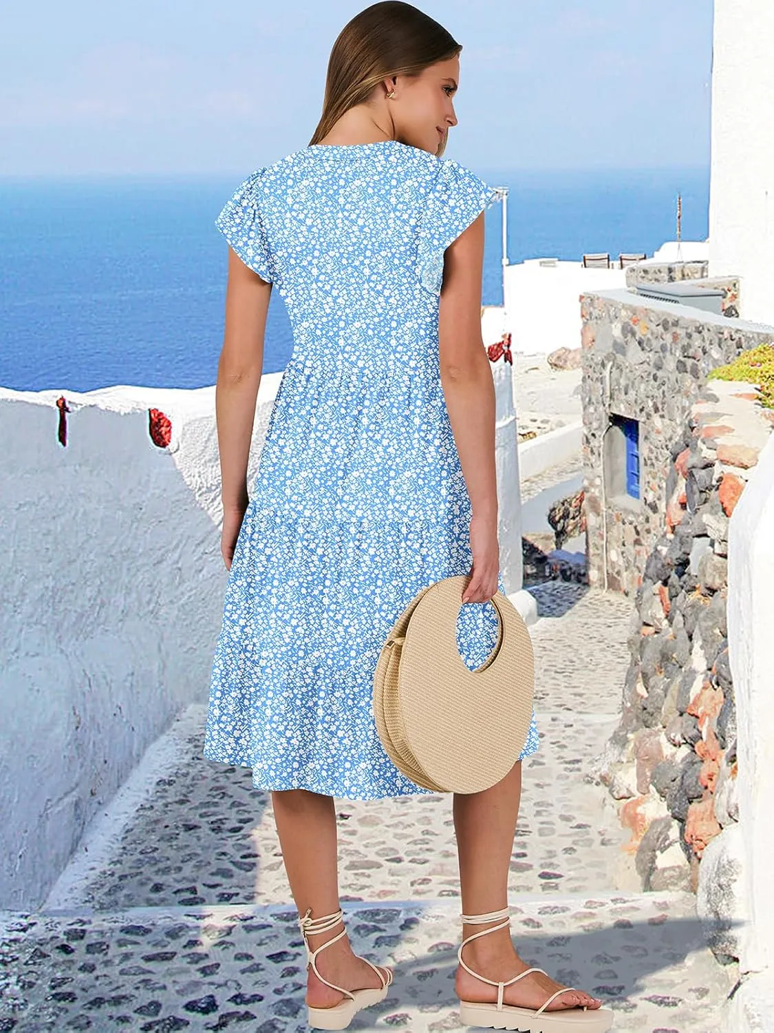 ANRABESS Womens Summer Dress Ruffle Sleeve V Neck Midi Dresses Fashion Casual Fit Flowy Tiered Boho Beach Vacation Sundress