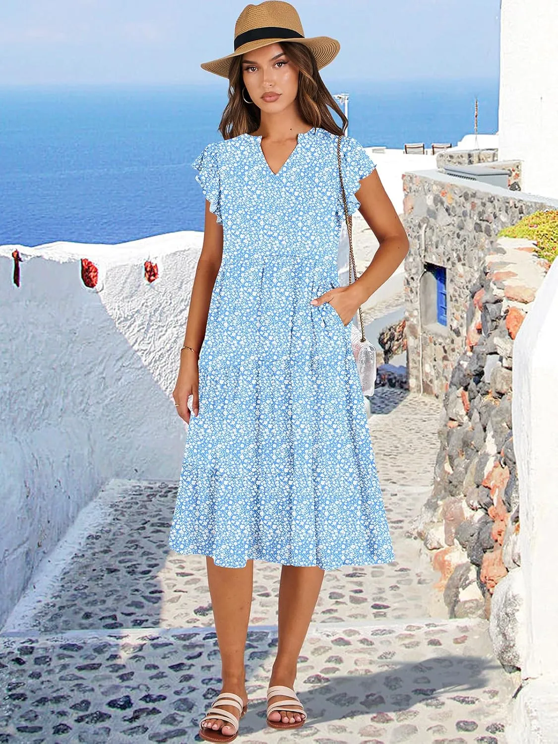 ANRABESS Womens Summer Dress Ruffle Sleeve V Neck Midi Dresses Fashion Casual Fit Flowy Tiered Boho Beach Vacation Sundress
