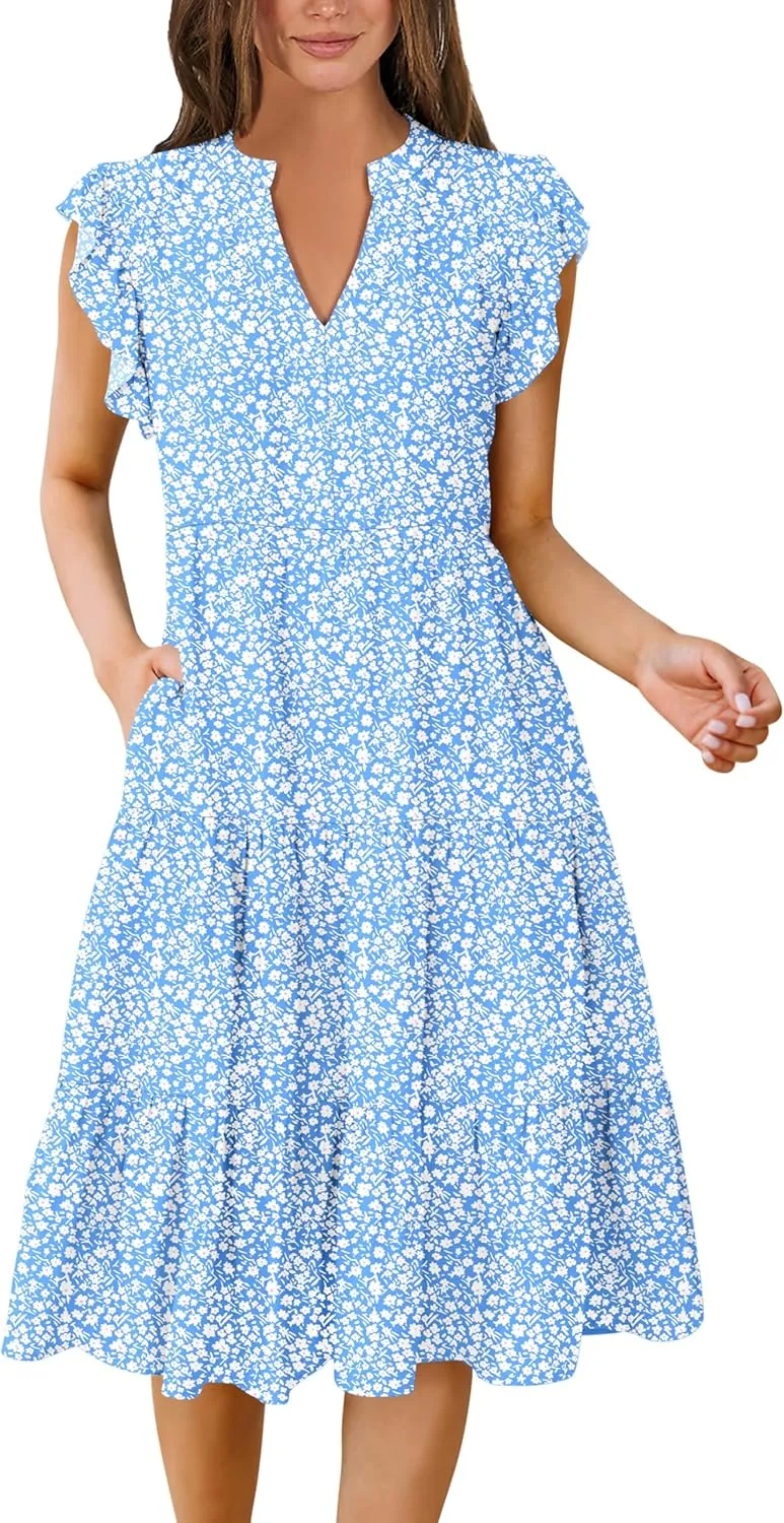 ANRABESS Womens Summer Dress Ruffle Sleeve V Neck Midi Dresses Fashion Casual Fit Flowy Tiered Boho Beach Vacation Sundress
