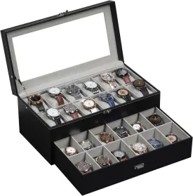 AUTOARK Leather & Velvet 24 Watch Box Glass Top Jewelry Display Drawer Lockable Case Organizer,Removable Grey Watch Pillows,Black,MKAW037