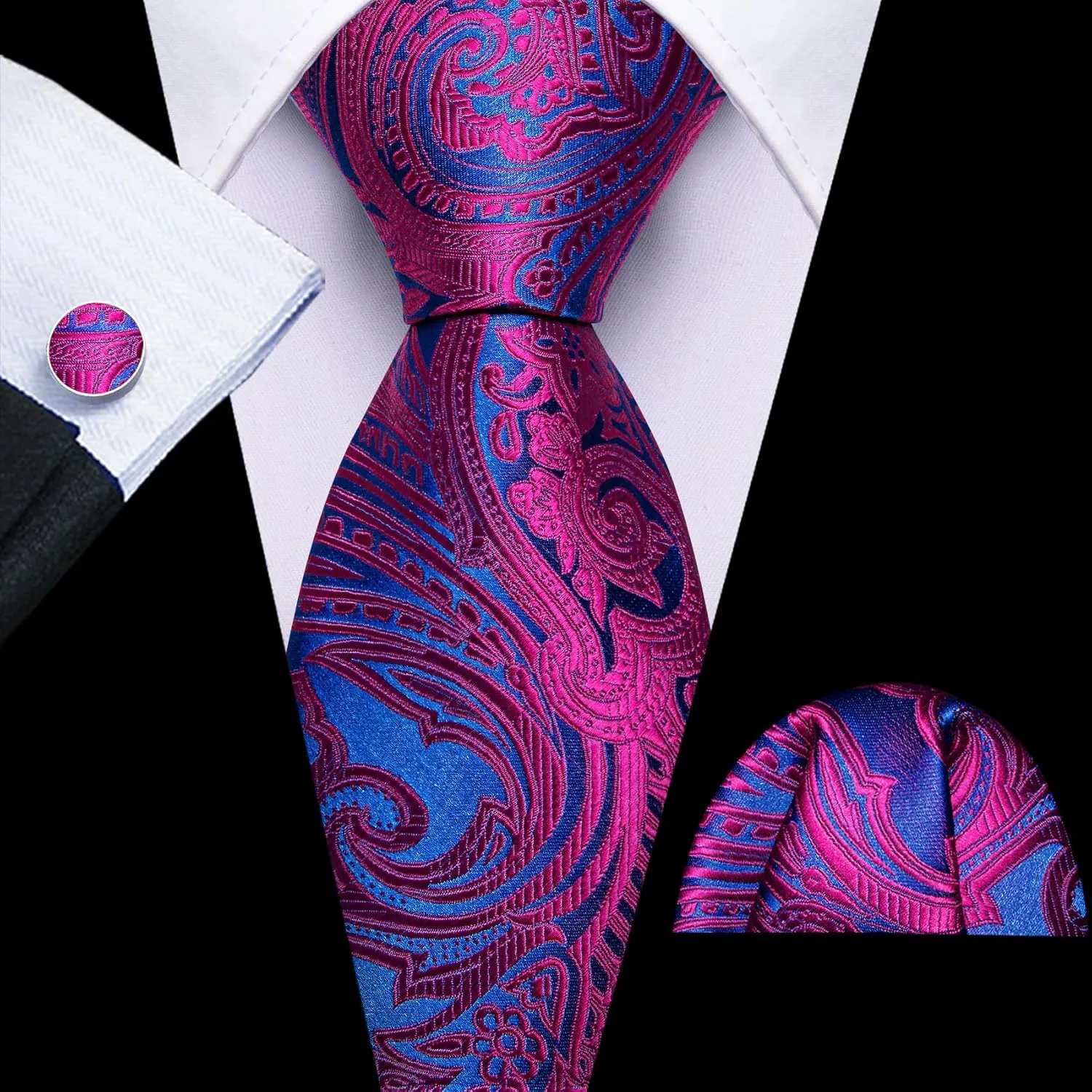 Barry.Wang Men Tie Set Paisley Silk Necktie Pocket Square Cufflinks Formal Wedding Business Party