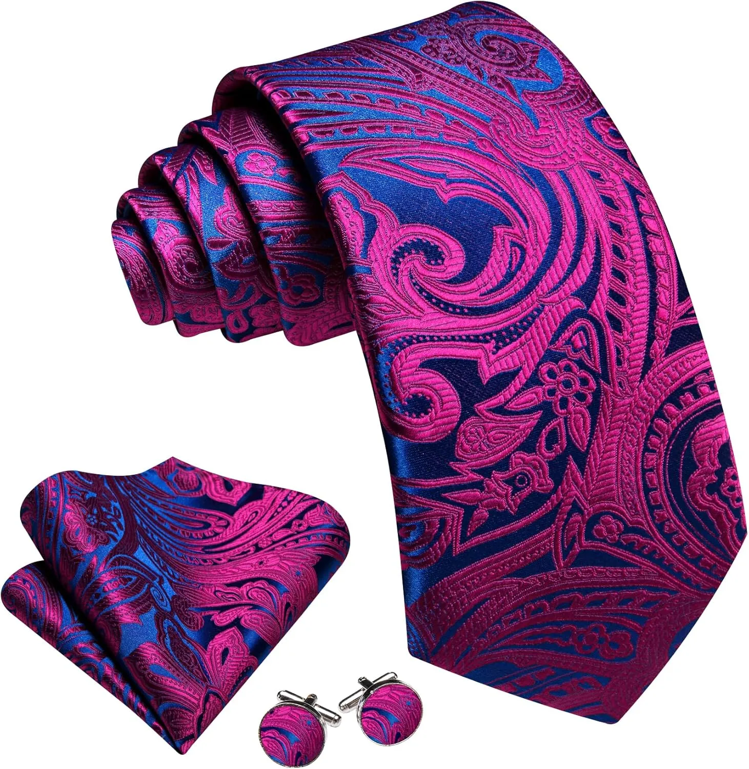 Barry.Wang Men Tie Set Paisley Silk Necktie Pocket Square Cufflinks Formal Wedding Business Party