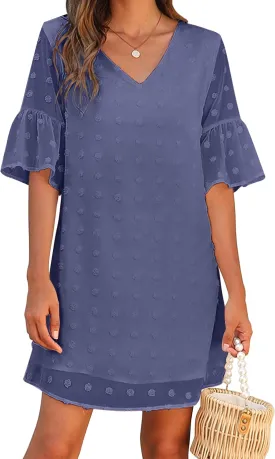 Blooming Jelly Womens White Dresses Short Sleeve V Neck Ruffle Cute Sun Dress Chiffon Flowy Shift Mini Dress