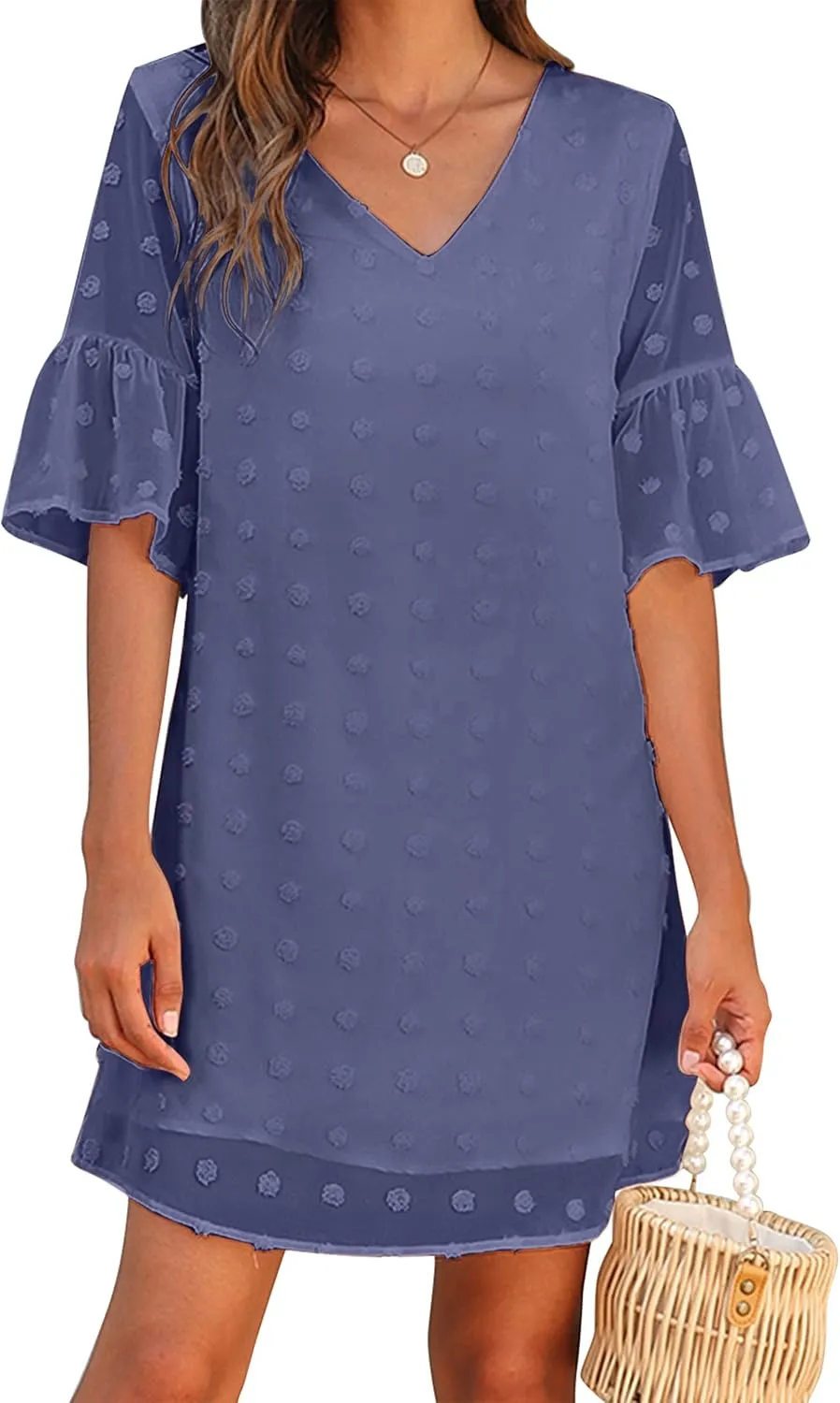 Blooming Jelly Womens White Dresses Short Sleeve V Neck Ruffle Cute Sun Dress Chiffon Flowy Shift Mini Dress