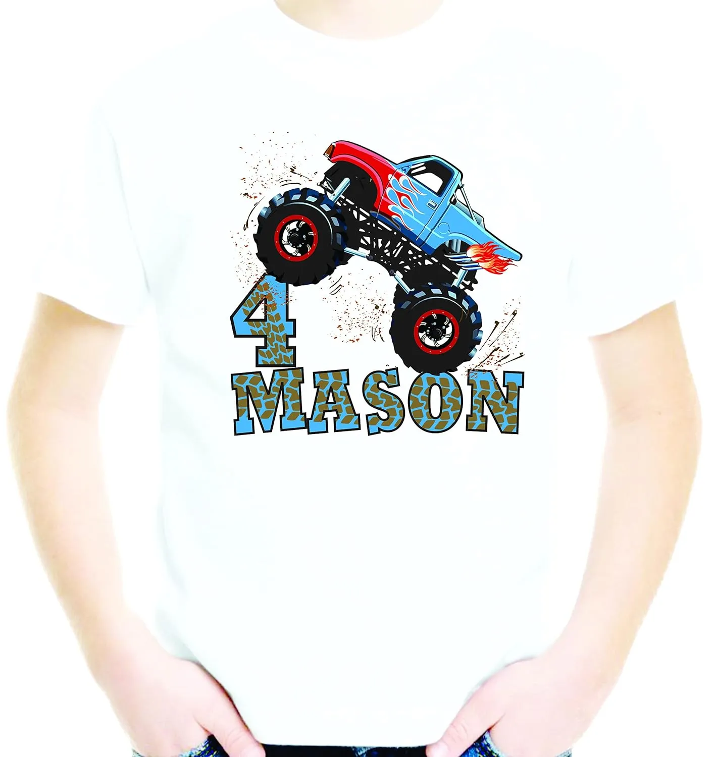Boys Birthday T Shirt Monster Truck Personalized with Name and Age Blue Red Flames Jump Tee Youth Kids Toddler Custom