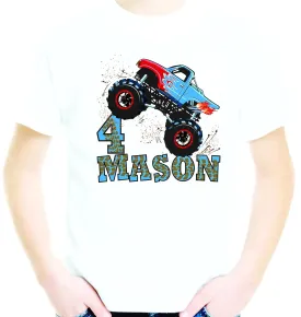 Boys Birthday T Shirt Monster Truck Personalized with Name and Age Blue Red Flames Jump Tee Youth Kids Toddler Custom
