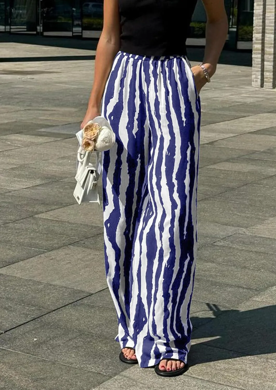 CCTOO Striped Wide Leg Pants for Women Summer 2025 Palazzo Pants for Women Casual Low Waist Lounge Pants with Pockets