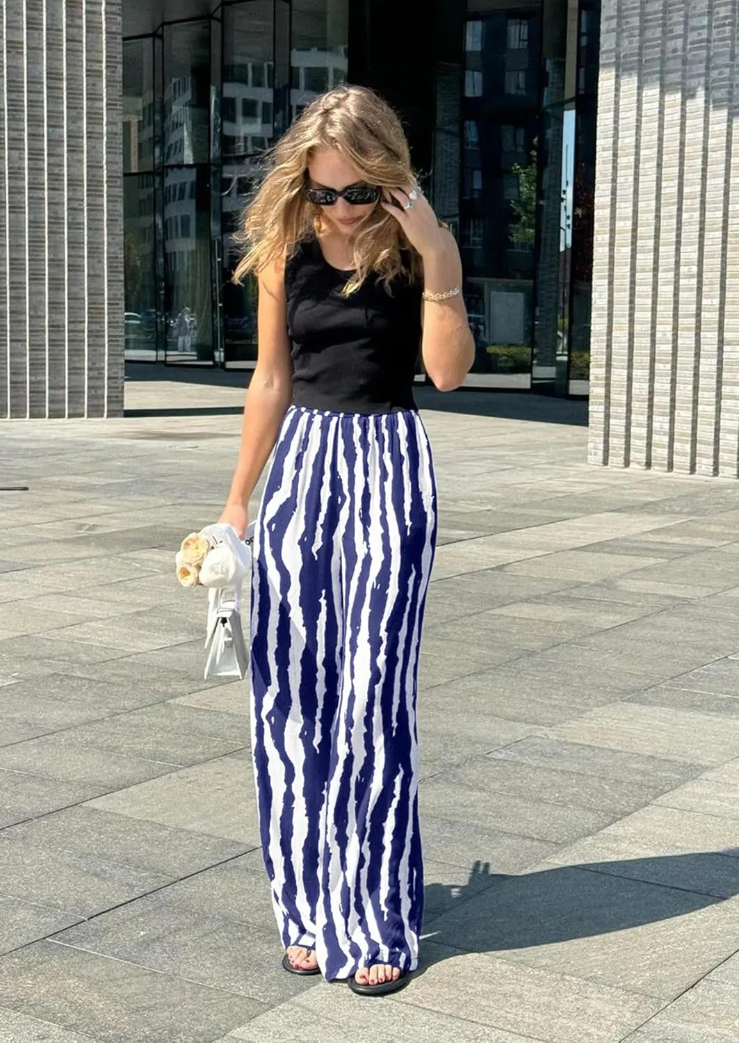 CCTOO Striped Wide Leg Pants for Women Summer 2025 Palazzo Pants for Women Casual Low Waist Lounge Pants with Pockets