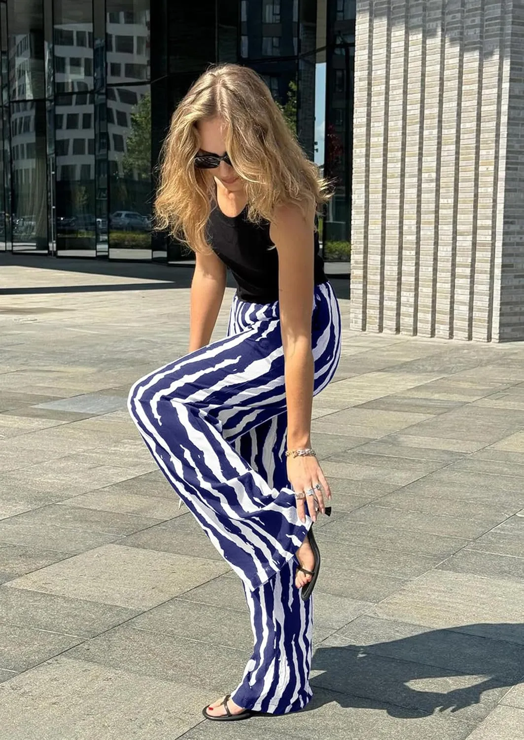 CCTOO Striped Wide Leg Pants for Women Summer 2025 Palazzo Pants for Women Casual Low Waist Lounge Pants with Pockets