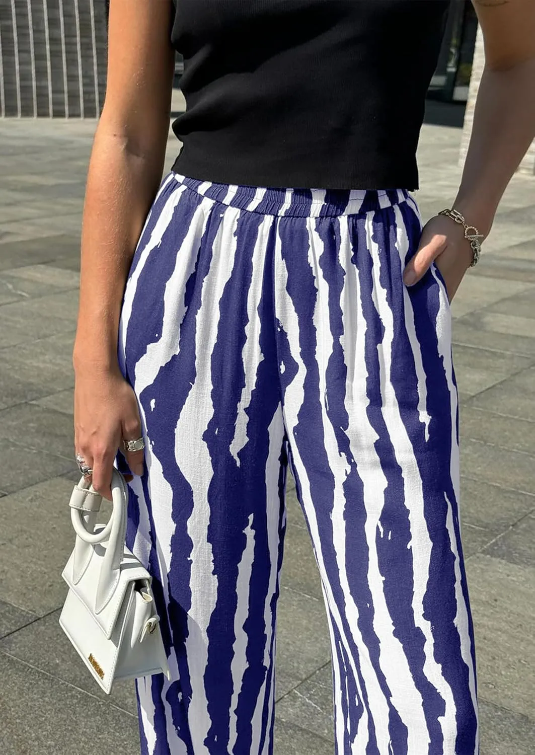 CCTOO Striped Wide Leg Pants for Women Summer 2025 Palazzo Pants for Women Casual Low Waist Lounge Pants with Pockets