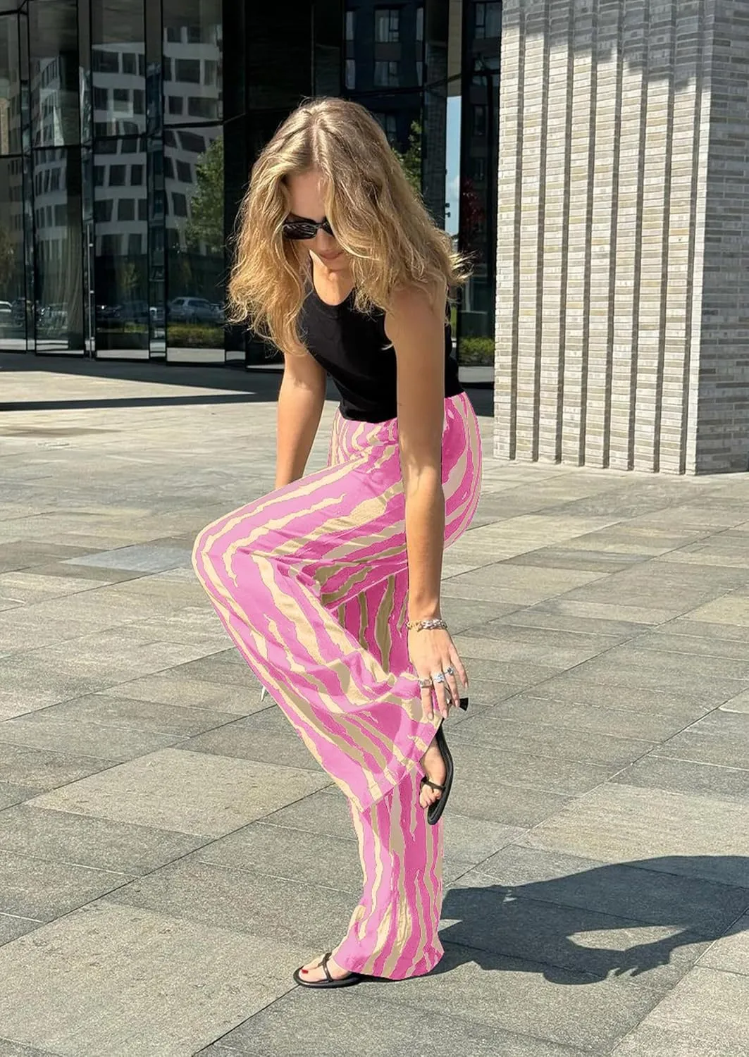 CCTOO Striped Wide Leg Pants for Women Summer 2025 Palazzo Pants for Women Casual Low Waist Lounge Pants with Pockets