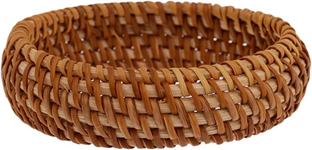 COLORFUL BLING 2Pcs Handwoven Wooden Braided Rattan Knit Cuff Bracelet Natural Bamboo Square Round Geometric Chunky Wrap Bangle for Women Ethnic Tribal Wrist Jewelry