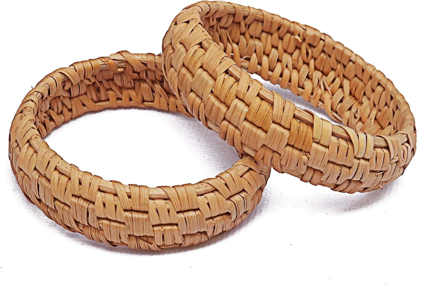 COLORFUL BLING 2Pcs Handwoven Wooden Braided Rattan Knit Cuff Bracelet Natural Bamboo Square Round Geometric Chunky Wrap Bangle for Women Ethnic Tribal Wrist Jewelry