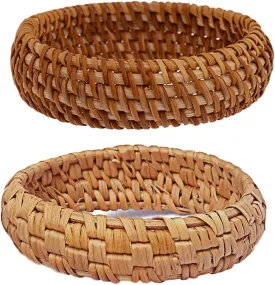COLORFUL BLING 2Pcs Handwoven Wooden Braided Rattan Knit Cuff Bracelet Natural Bamboo Square Round Geometric Chunky Wrap Bangle for Women Ethnic Tribal Wrist Jewelry