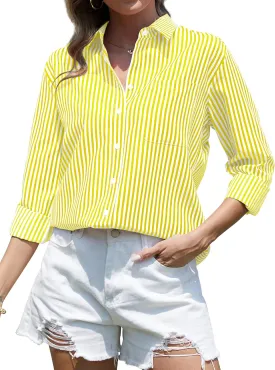 CUNLIN Grade 4 Wrinkle-Resistant Women's Button Down Shirts Striped Long Sleeve Collared Blouses Tops with Pocket