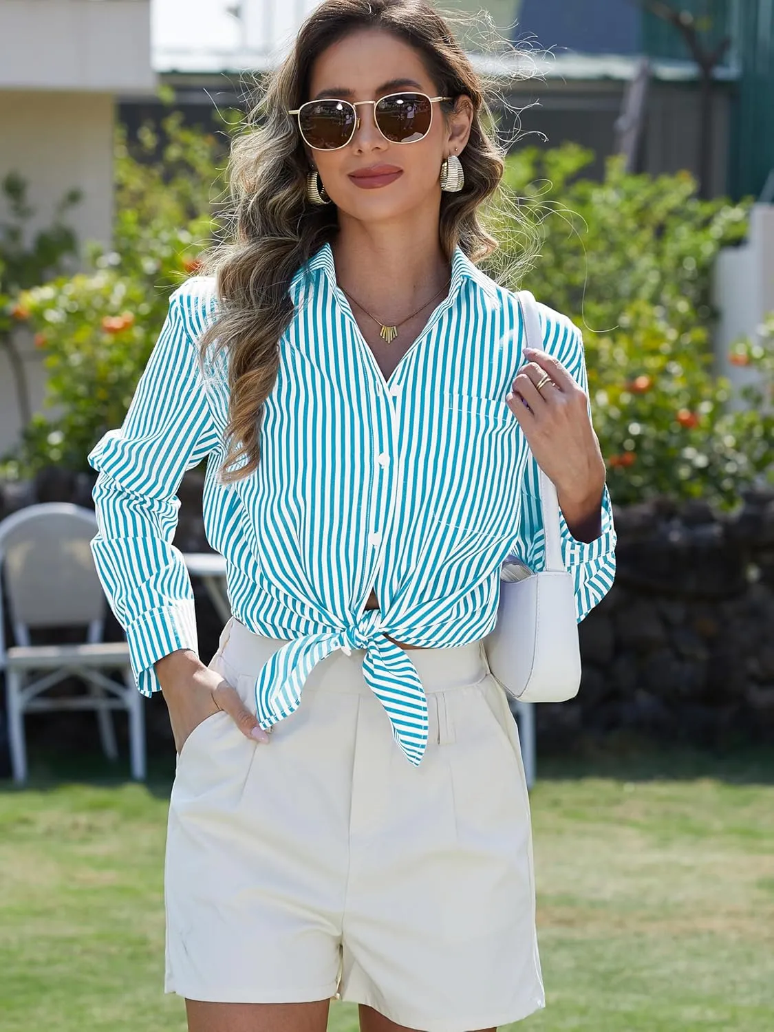 CUNLIN Grade 4 Wrinkle-Resistant Women's Button Down Shirts Striped Long Sleeve Collared Blouses Tops with Pocket