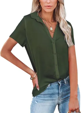 Diosun Womens Button Down V Neck Shirts Long/Short Sleeve Office Casual Business Plain Blouses Tops