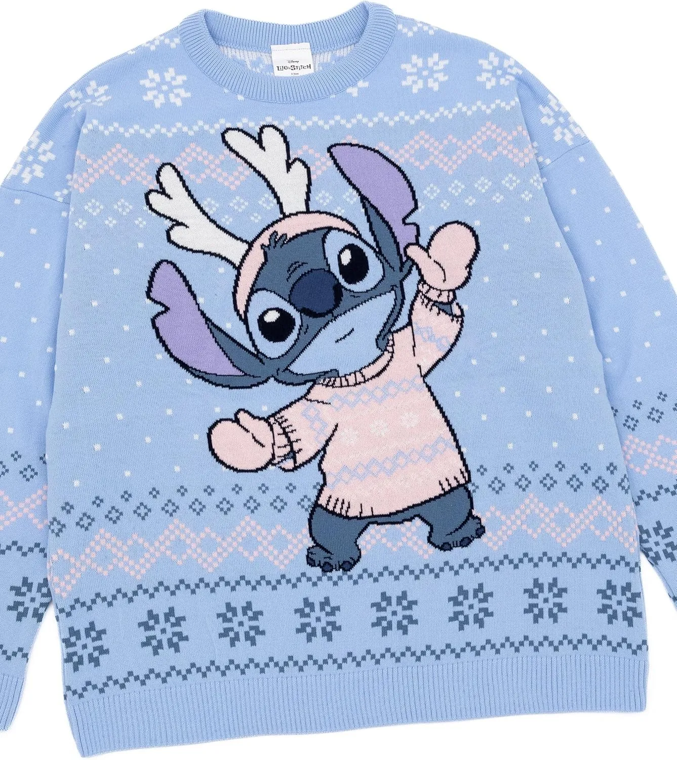Disney Lilo & Stitch Womens Christmas Jumper in Blue | Warm Graphic Knitted Sweater for Adults | Festive Holiday