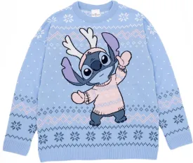 Disney Lilo & Stitch Womens Christmas Jumper in Blue | Warm Graphic Knitted Sweater for Adults | Festive Holiday