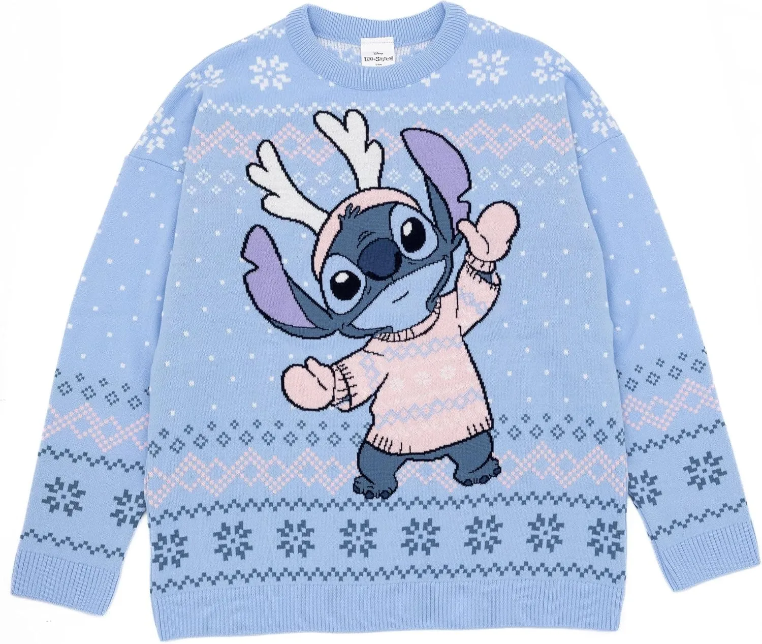 Disney Lilo & Stitch Womens Christmas Jumper in Blue | Warm Graphic Knitted Sweater for Adults | Festive Holiday
