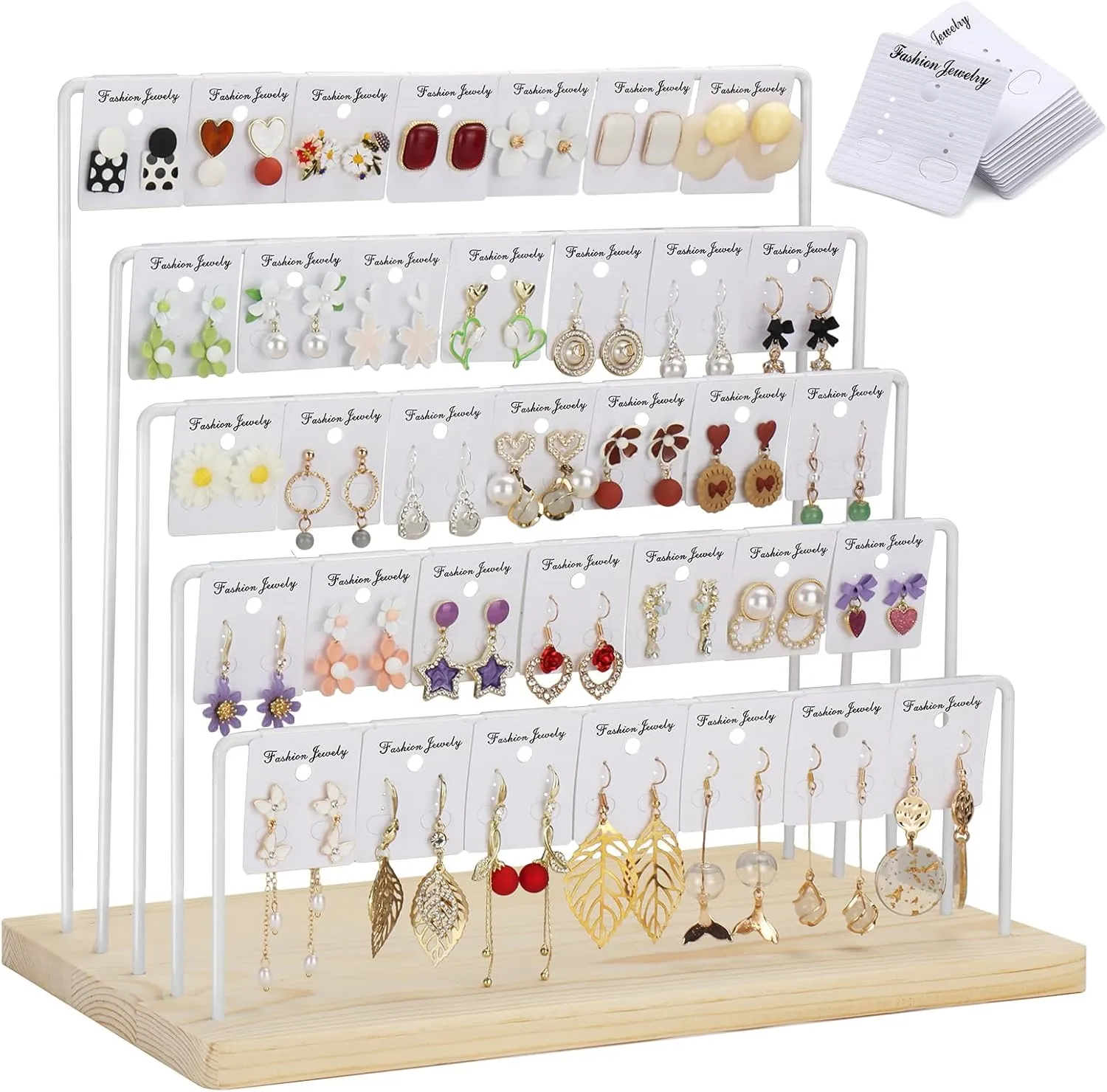 Earring Display for Vendors Jewelry Display for Selling 5 Tiers Earring Display Stand Organizer Rack Holder with 40pcs Earring Cards (White)
