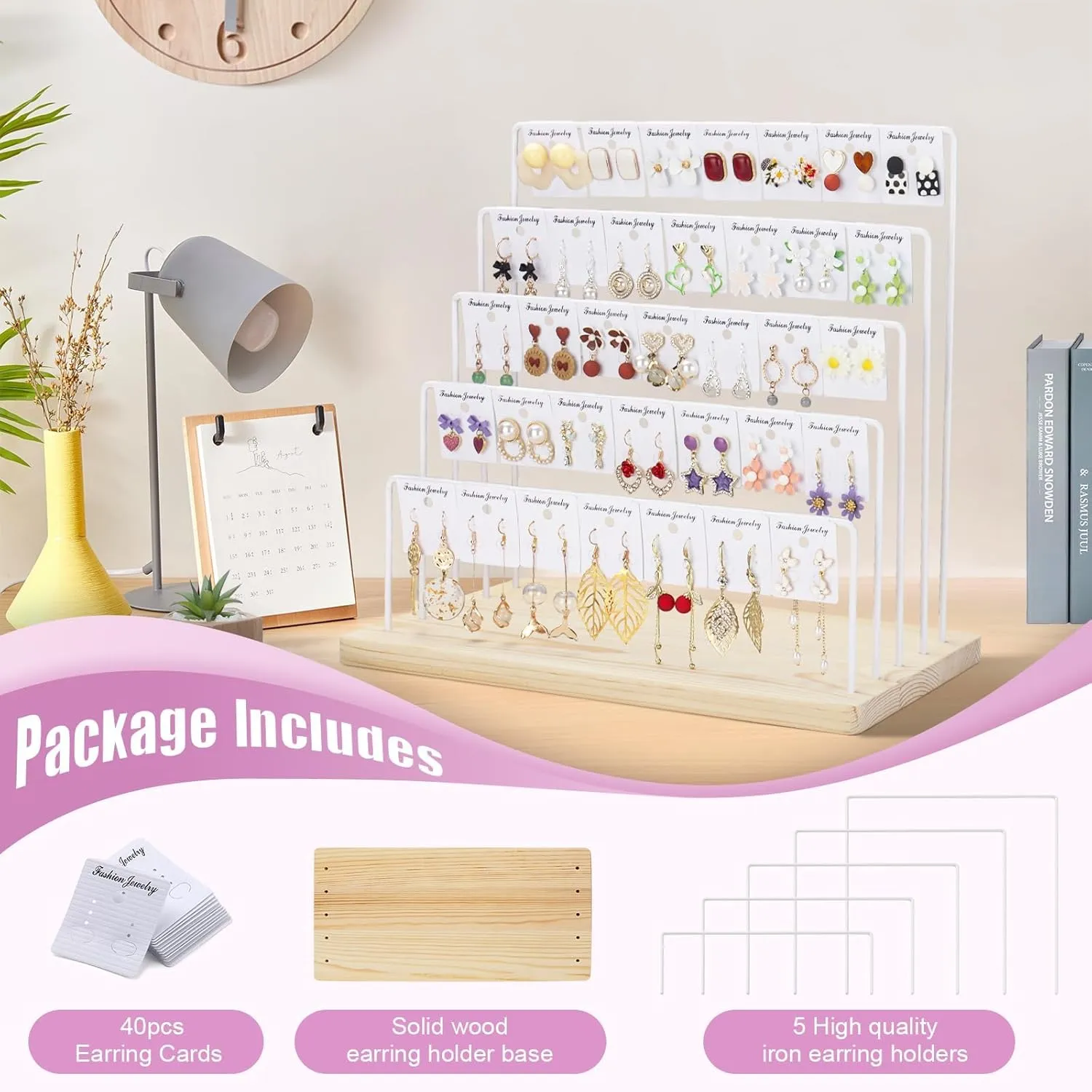 Earring Display for Vendors Jewelry Display for Selling 5 Tiers Earring Display Stand Organizer Rack Holder with 40pcs Earring Cards (White)