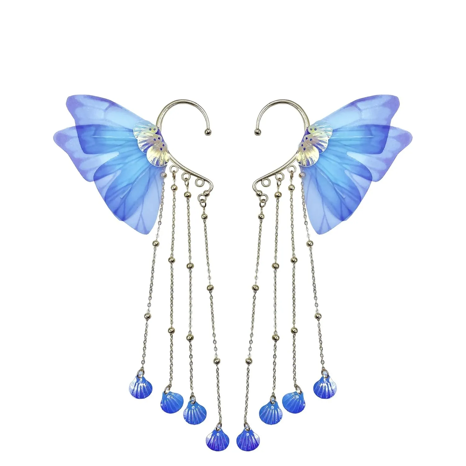 Elf Earring cuff,Fairy Wings Dangle Earring,Wing jewerly,Butterfly Wings Earrings,MARIPOSA Earrings,Dragonfly Wing,No Piercing,cosplay (Blue)