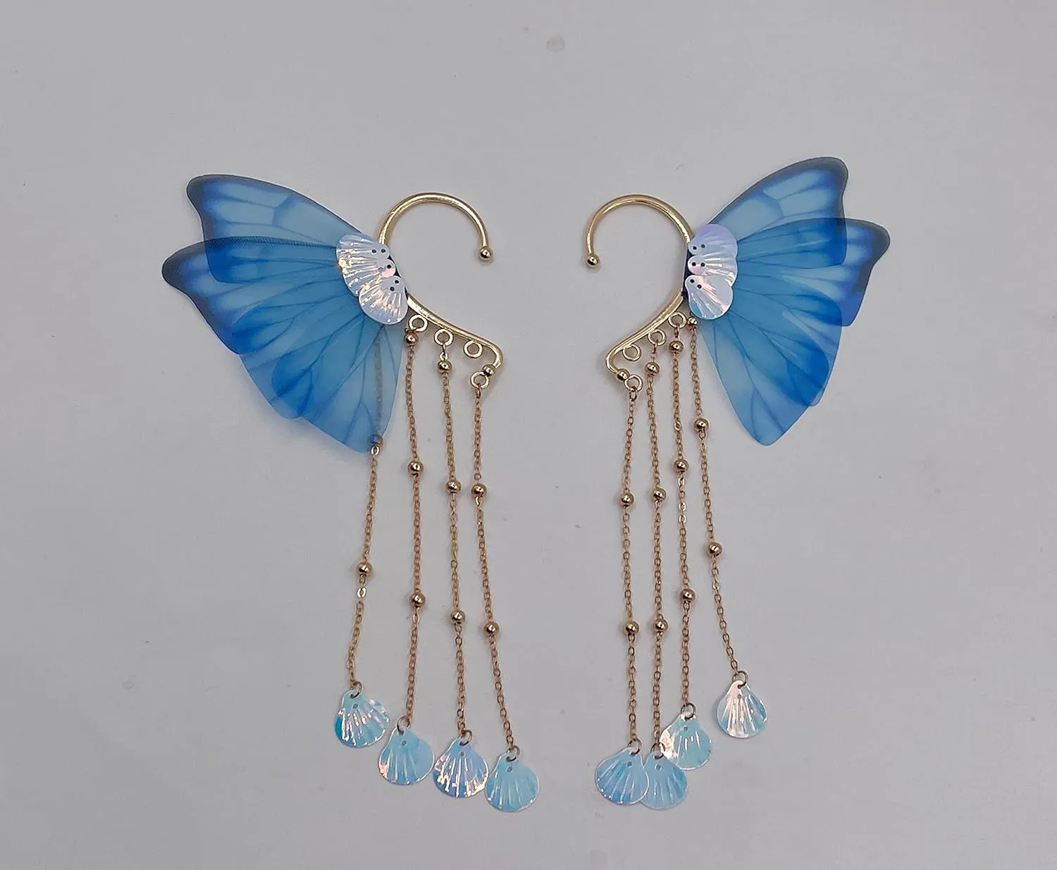 Elf Earring cuff,Fairy Wings Dangle Earring,Wing jewerly,Butterfly Wings Earrings,MARIPOSA Earrings,Dragonfly Wing,No Piercing,cosplay (Blue)