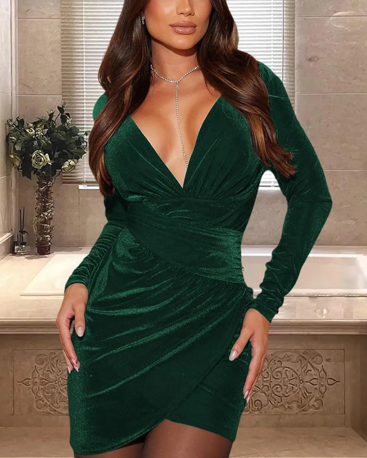 FairBeauty Women's Velvet V Neck Long Sleeve Elegant Ruched Bodycon Wrap Mini Party Dress