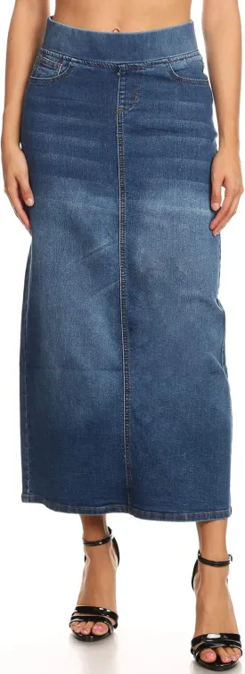 Fashion2Love Women's Juniors/Plus Size High Waisted Shaping Pull-On Stretch Denim Long Skirt