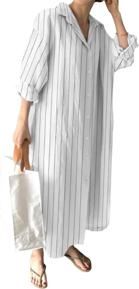 GGUHHU Womens Chic Button Down Rolled-Up Sleeve Long Cotton Blouse Maxi Dress (Large, White Stripe)