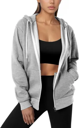 GIVON Women's Lightweight Fleece Zip Up Hoodie Regular Fit Solid Color with White Drawstring & Zipper